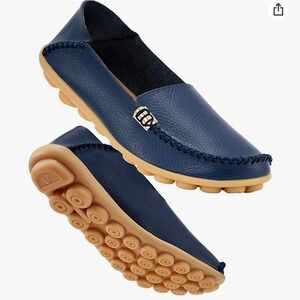 labato Women's Cowhide Leather Casual Flat Driving, Dark Blue